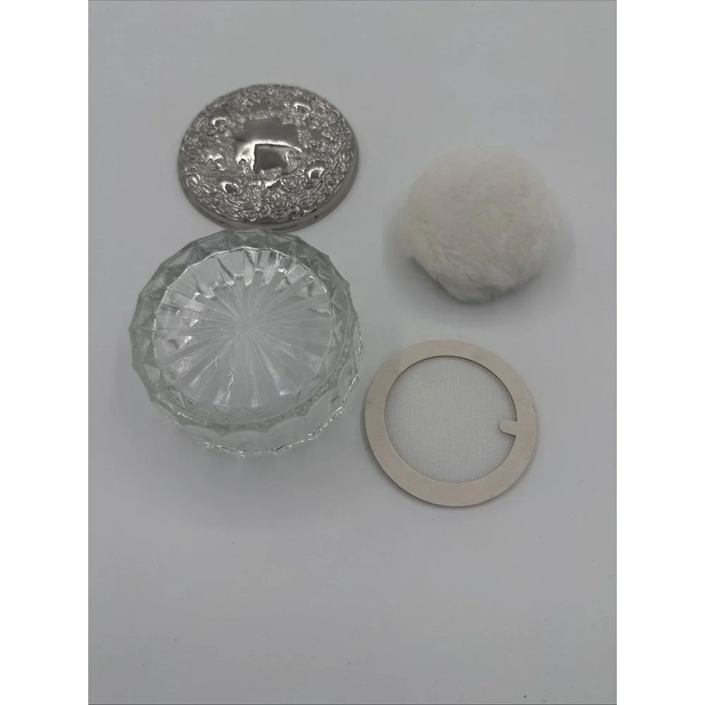 Ornate Silver-Plated Lid Glass Powder Jar with Powder Puff, Silver-Plated Metal